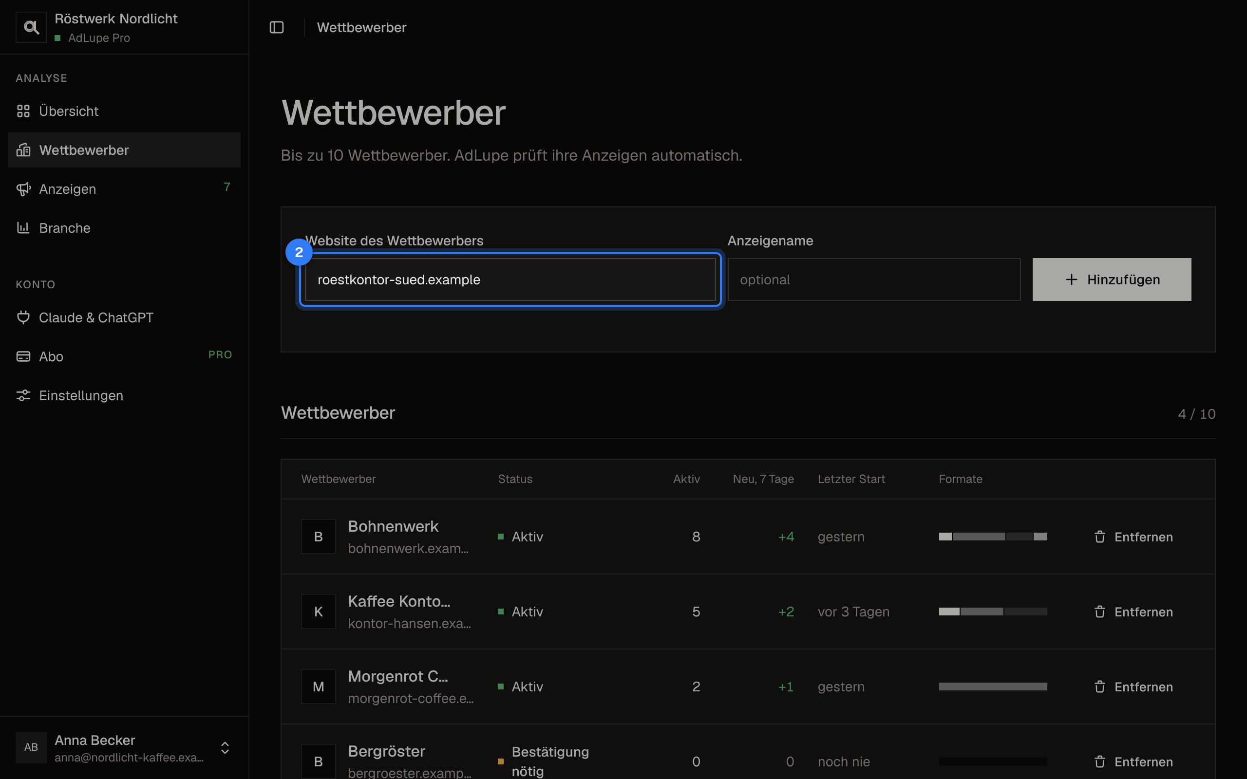 Wettbewerber hinzufügen, Schritt 2: Bildschirm von AdLupe, der markierte Bereich ist hervorgehoben