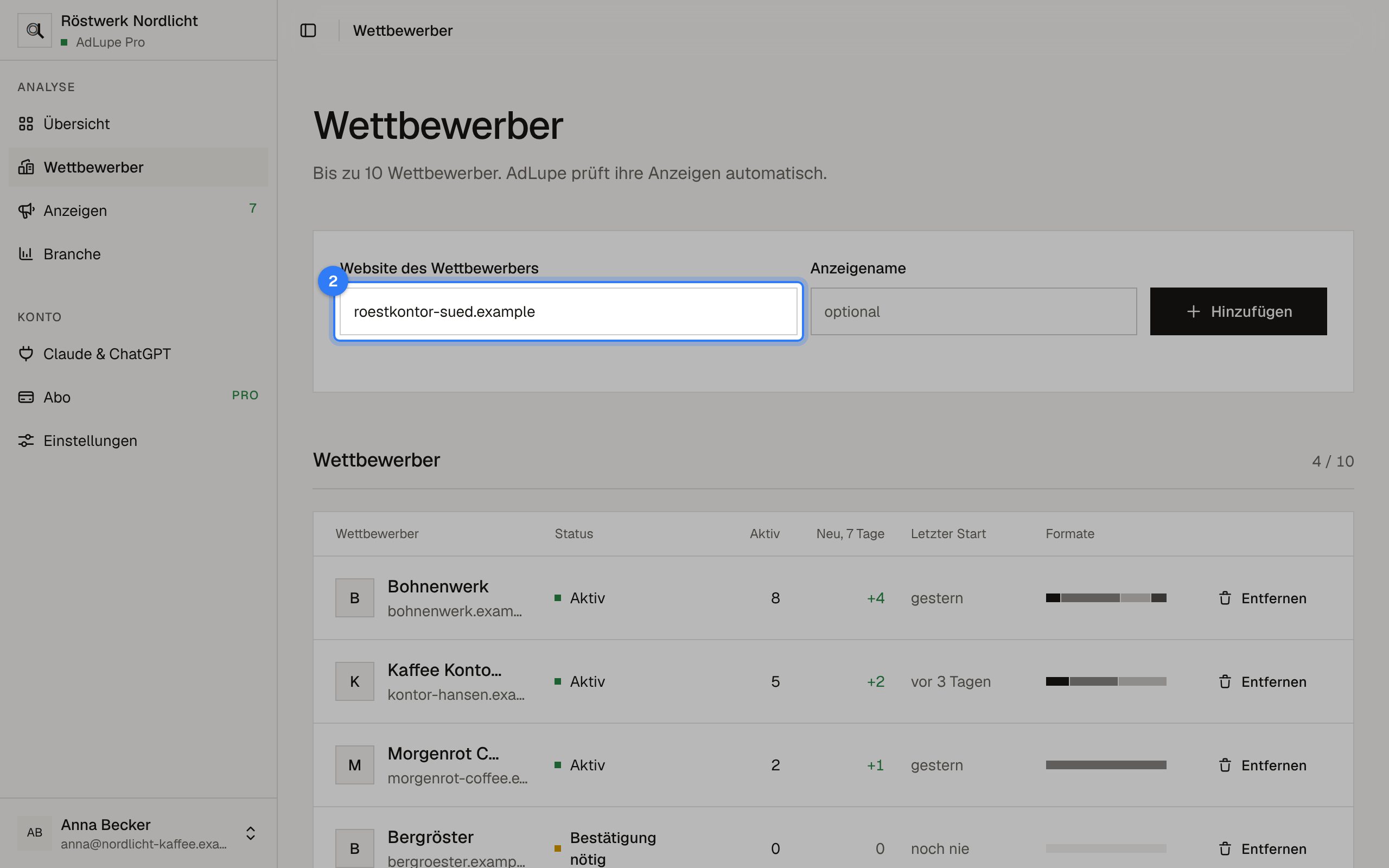 Wettbewerber hinzufügen, Schritt 2: Bildschirm von AdLupe, der markierte Bereich ist hervorgehoben