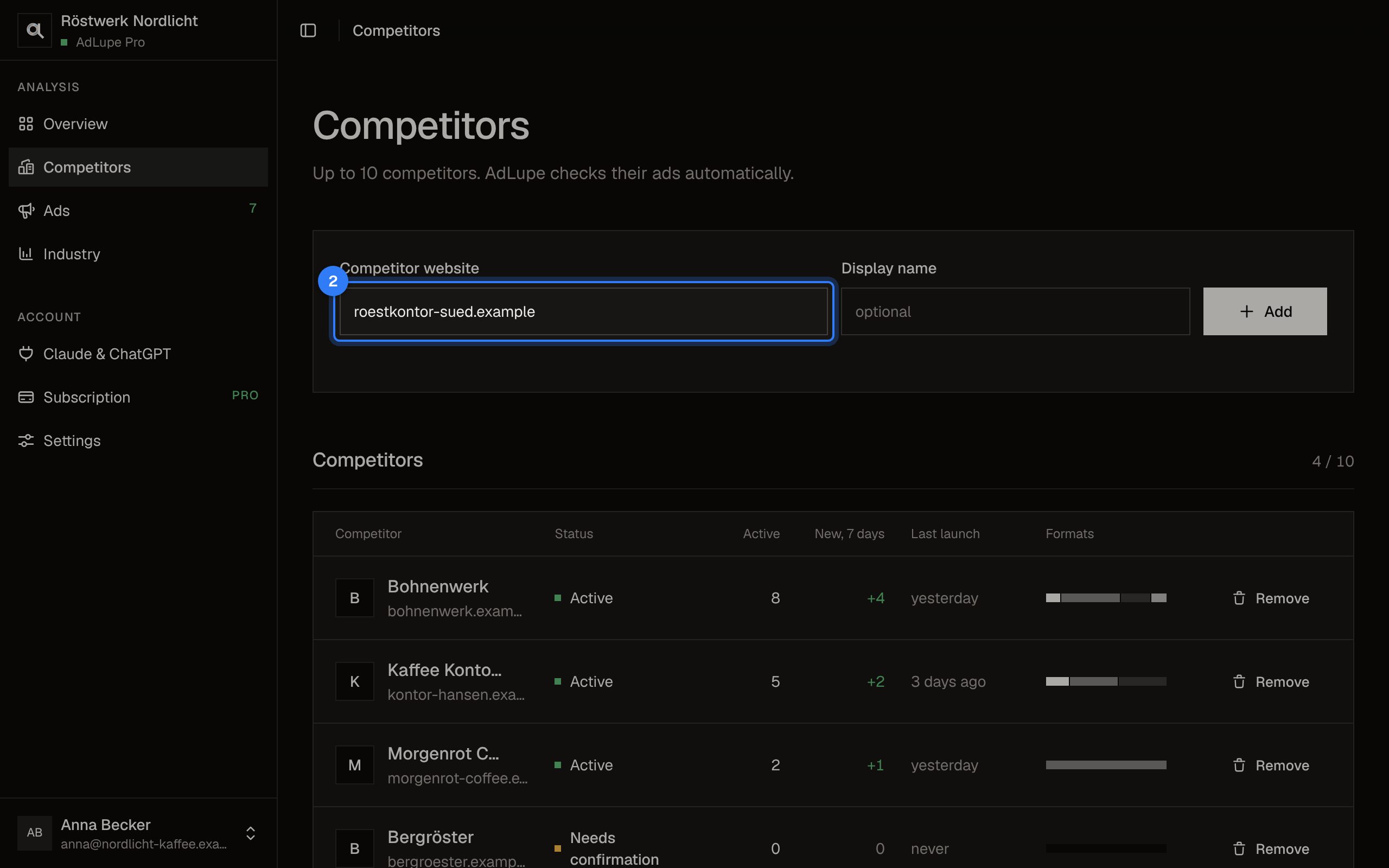 Add a competitor, step 2: AdLupe screen with the area to click highlighted