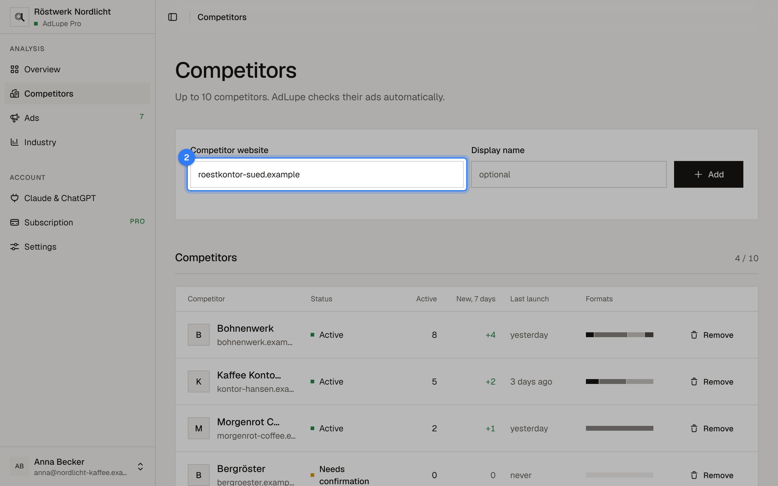 Add a competitor, step 2: AdLupe screen with the area to click highlighted