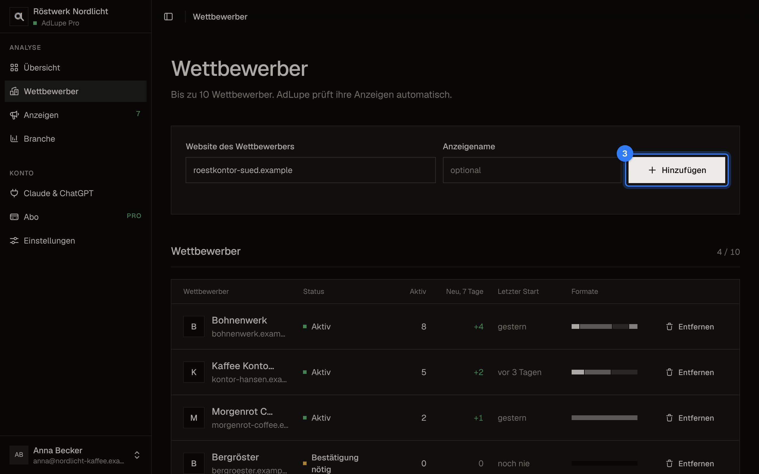 Wettbewerber hinzufügen, Schritt 3: Bildschirm von AdLupe, der markierte Bereich ist hervorgehoben