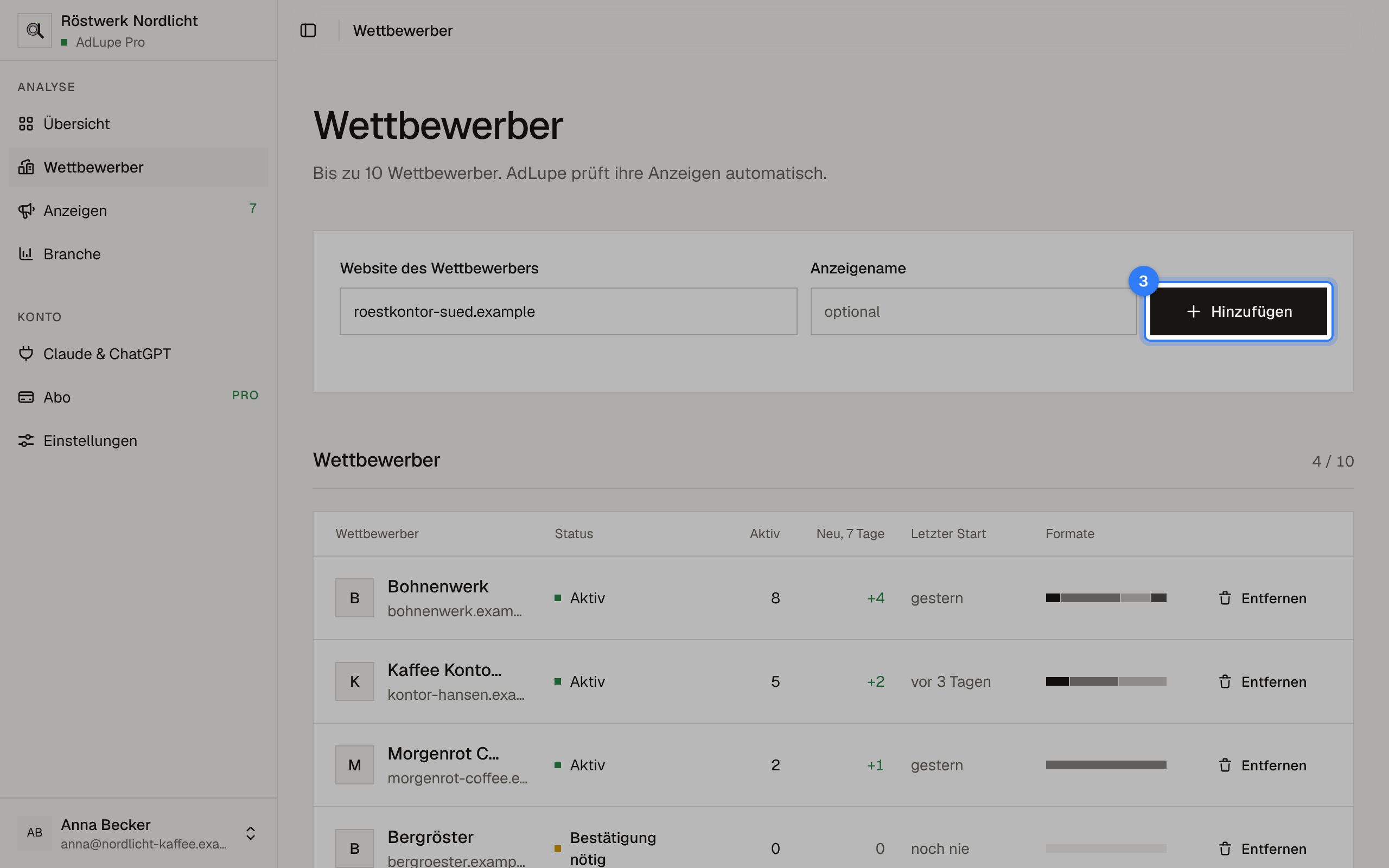 Wettbewerber hinzufügen, Schritt 3: Bildschirm von AdLupe, der markierte Bereich ist hervorgehoben