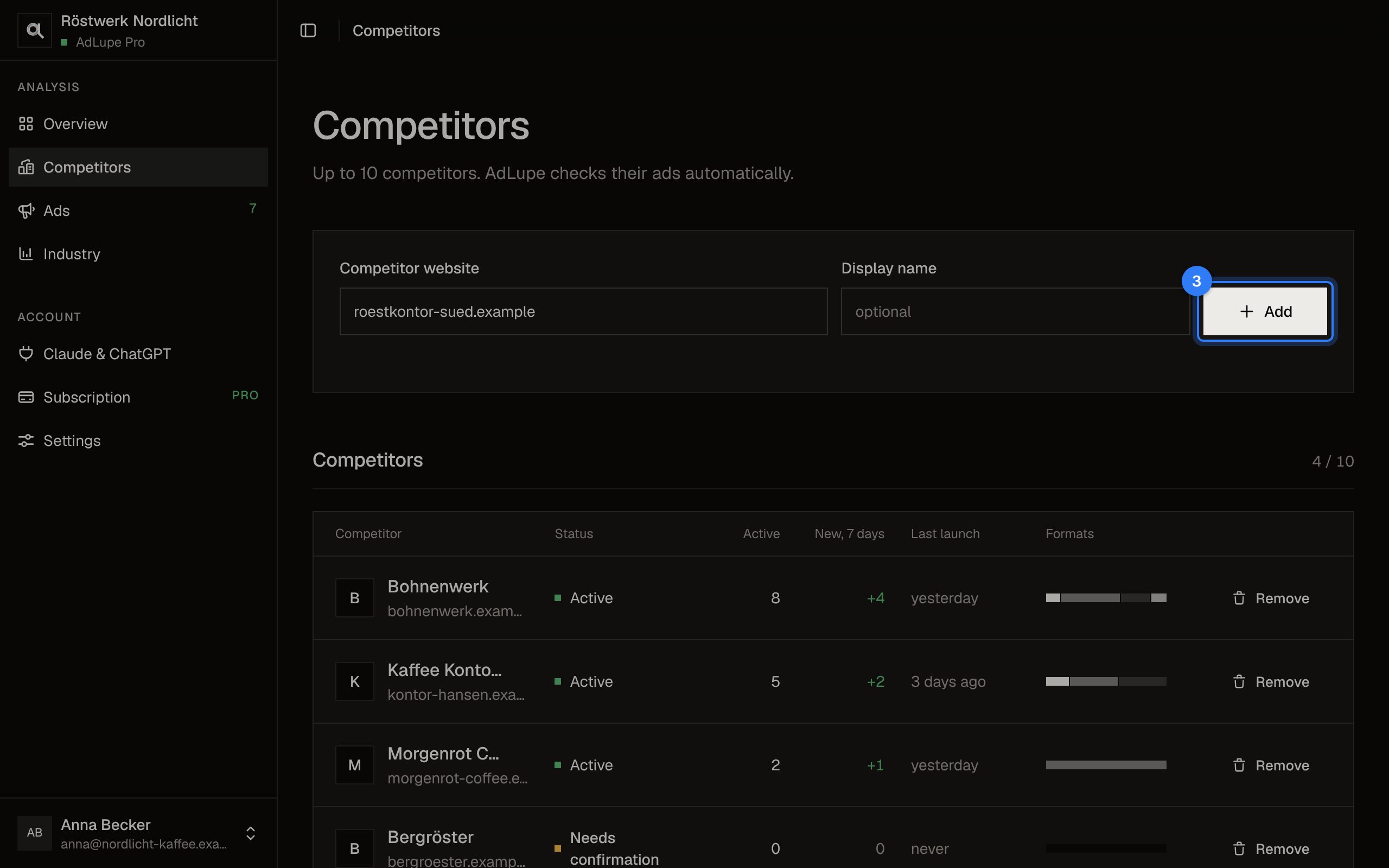 Add a competitor, step 3: AdLupe screen with the area to click highlighted