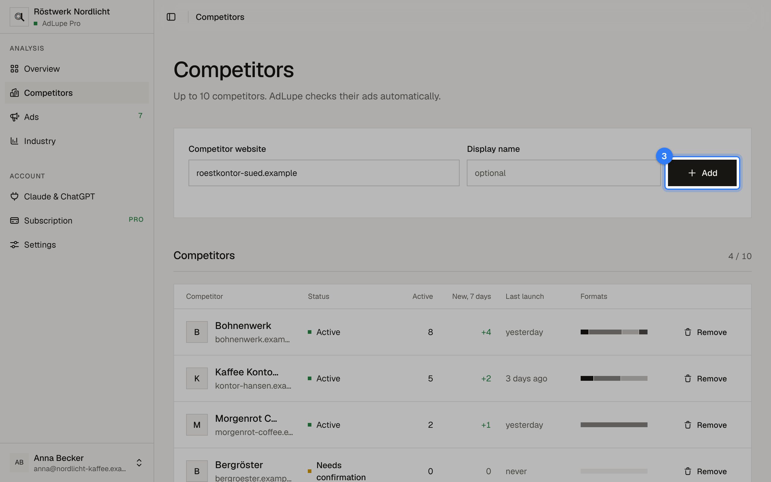 Add a competitor, step 3: AdLupe screen with the area to click highlighted