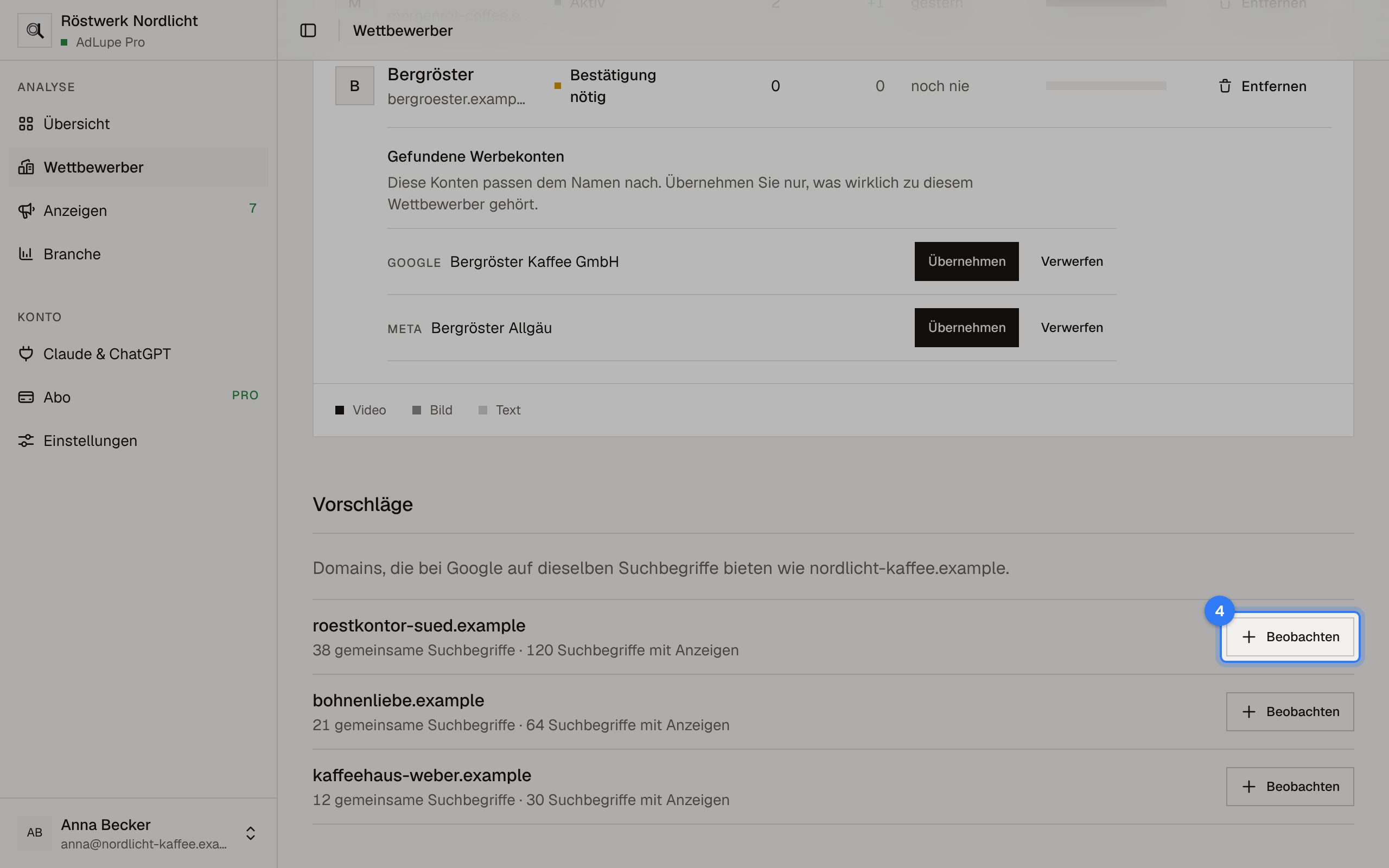Wettbewerber hinzufügen, Schritt 4: Bildschirm von AdLupe, der markierte Bereich ist hervorgehoben