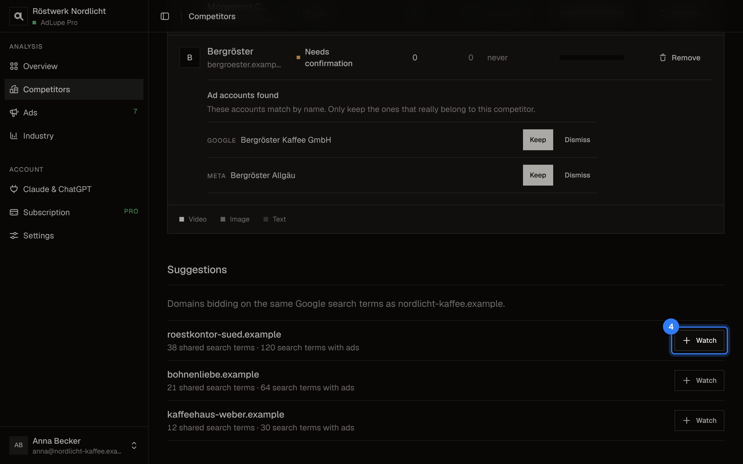 Add a competitor, step 4: AdLupe screen with the area to click highlighted