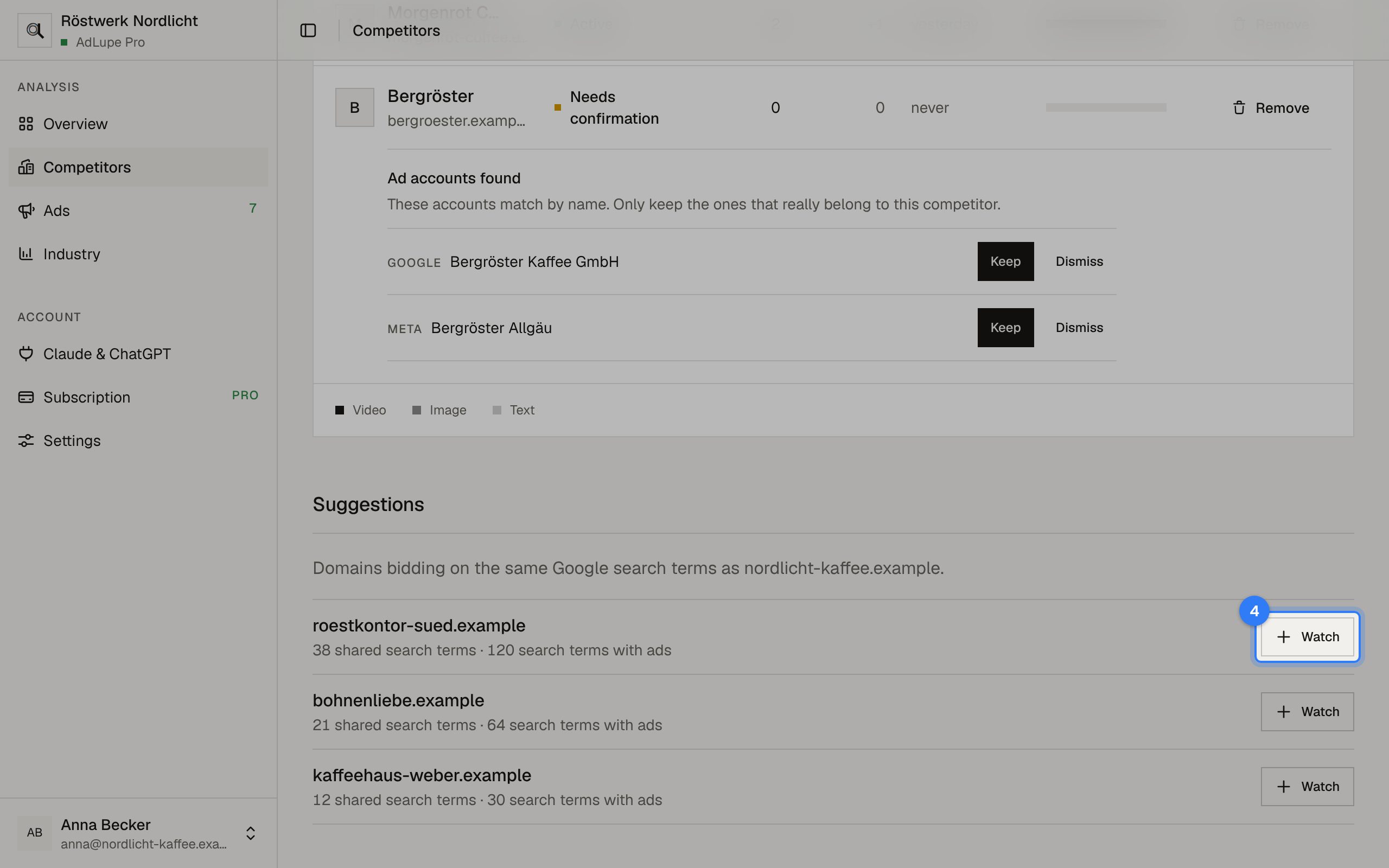 Add a competitor, step 4: AdLupe screen with the area to click highlighted