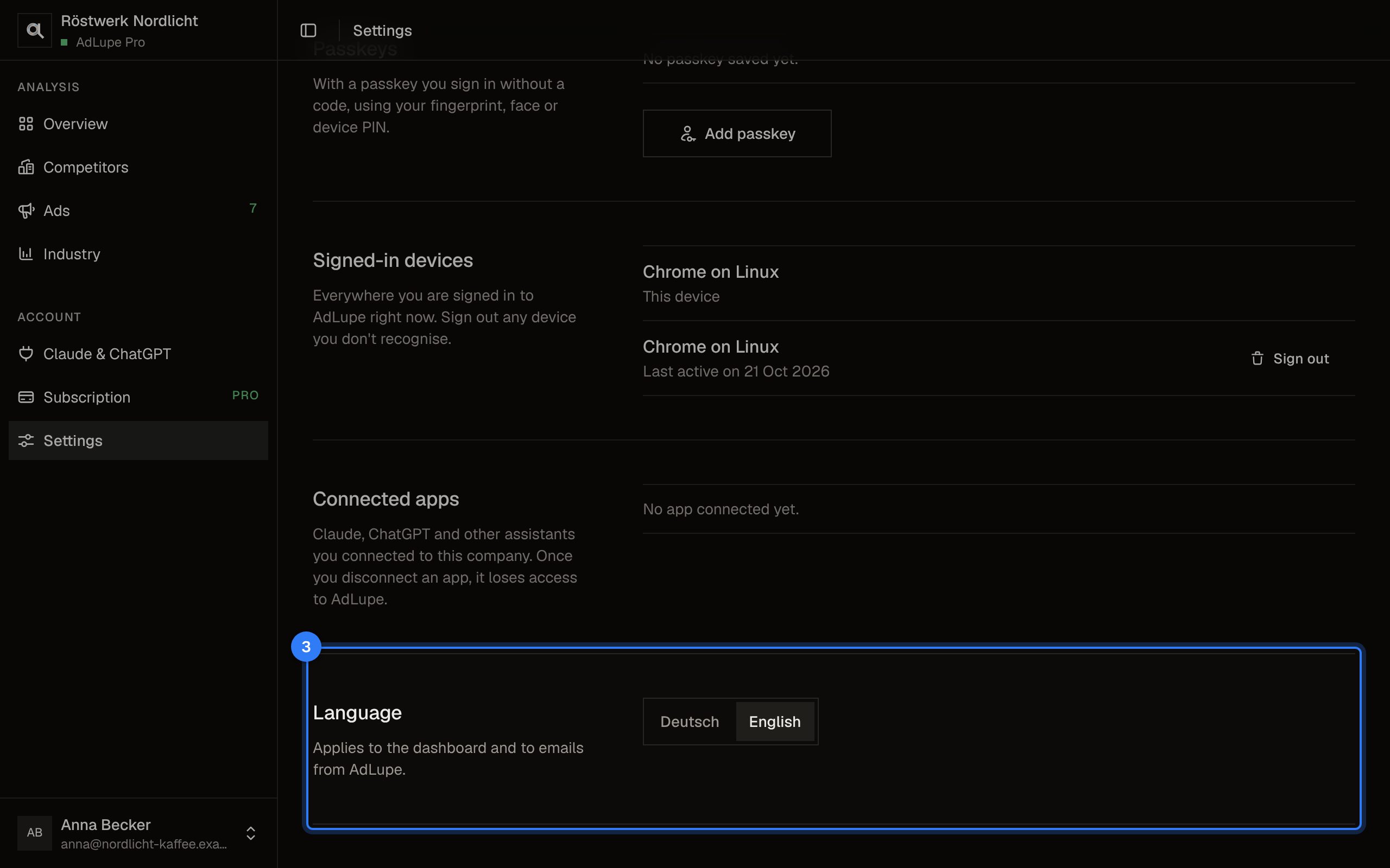Light, dark and language, step 3: AdLupe screen with the area to click highlighted
