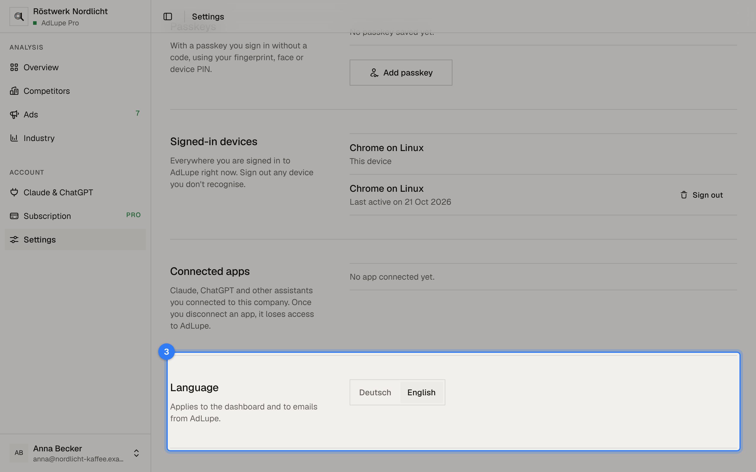Light, dark and language, step 3: AdLupe screen with the area to click highlighted