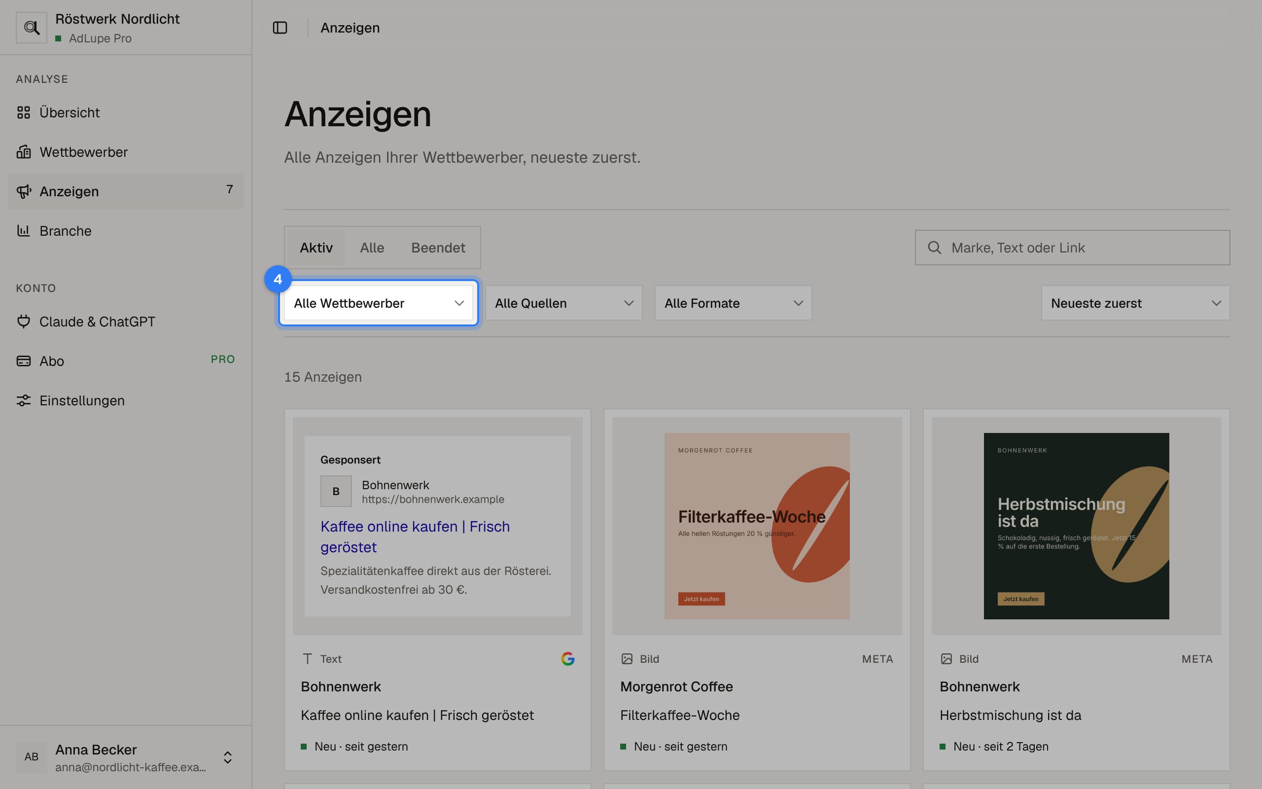 Anzeigen durchsuchen, Schritt 4: Bildschirm von AdLupe, der markierte Bereich ist hervorgehoben