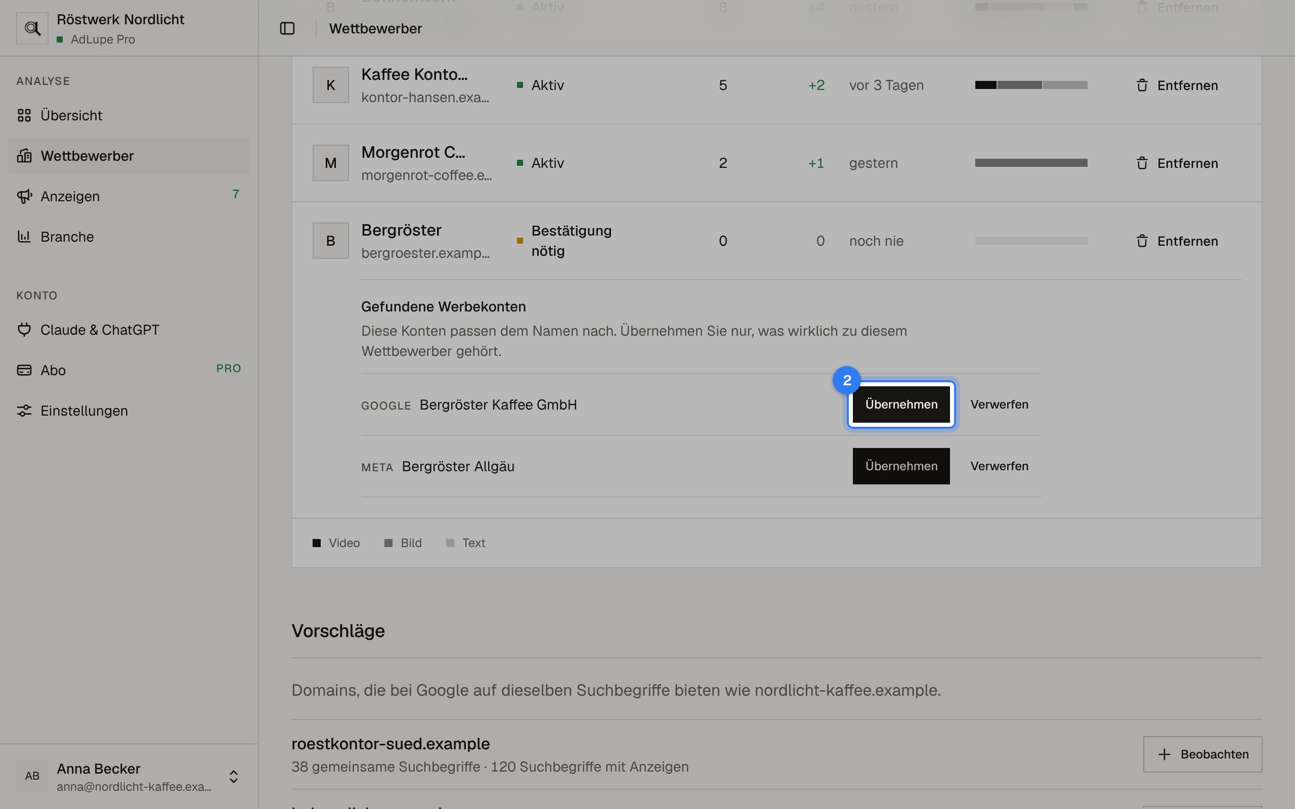 Werbekonten bestätigen, Schritt 2: Bildschirm von AdLupe, der markierte Bereich ist hervorgehoben