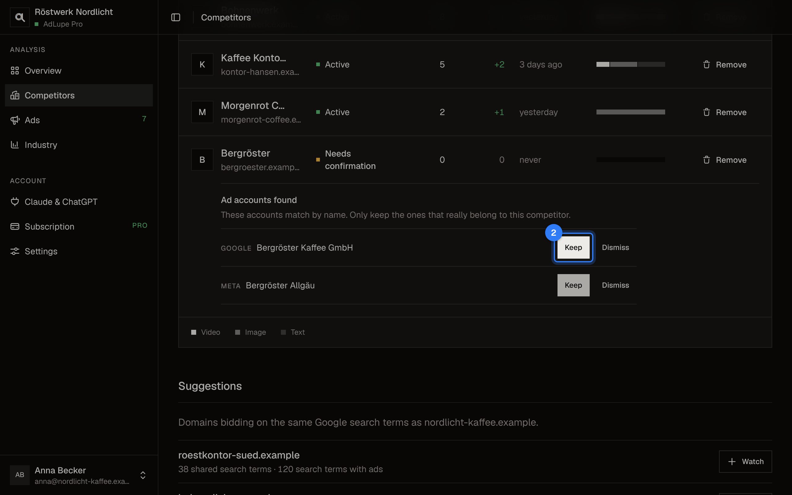 Confirm ad accounts, step 2: AdLupe screen with the area to click highlighted