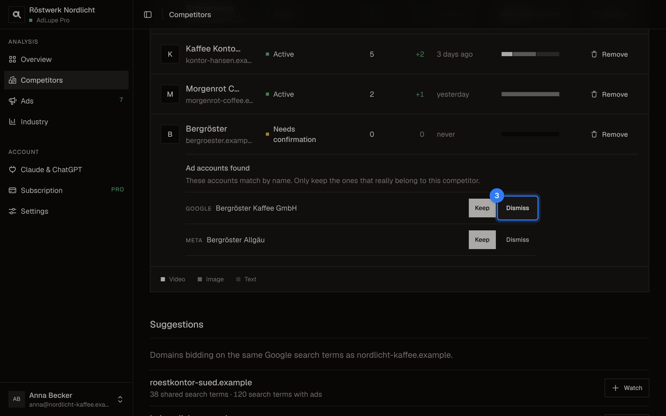 Confirm ad accounts, step 3: AdLupe screen with the area to click highlighted