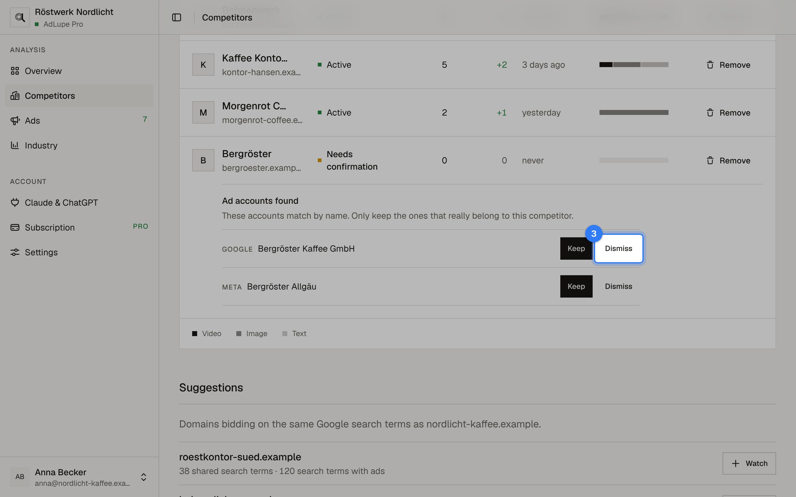 Confirm ad accounts, step 3: AdLupe screen with the area to click highlighted
