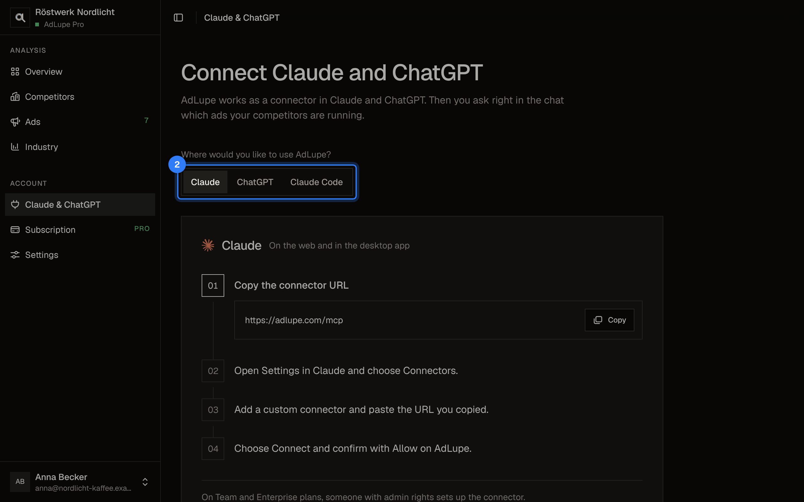 Connect AdLupe to Claude or ChatGPT, step 2: AdLupe screen with the area to click highlighted