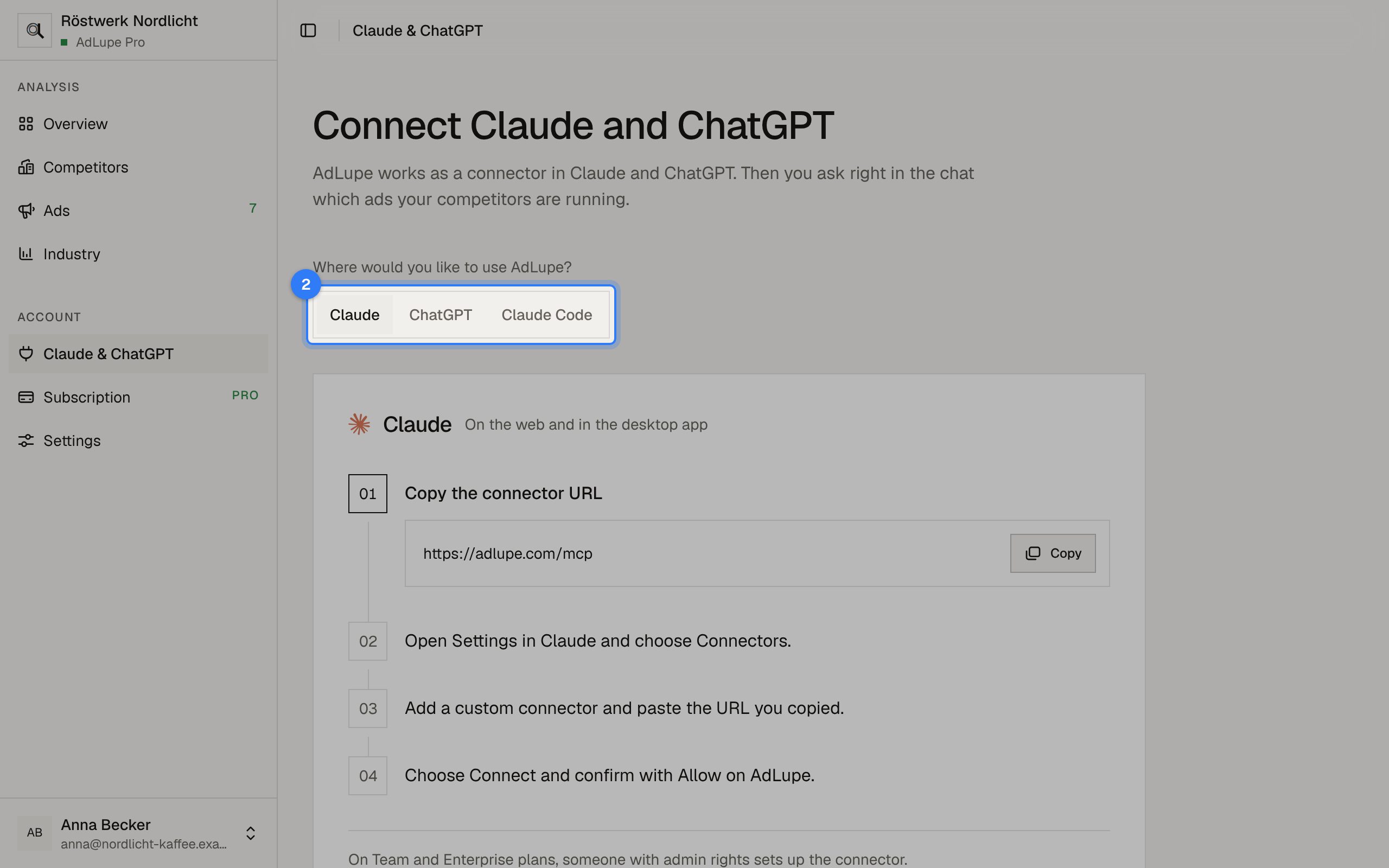 Connect AdLupe to Claude or ChatGPT, step 2: AdLupe screen with the area to click highlighted