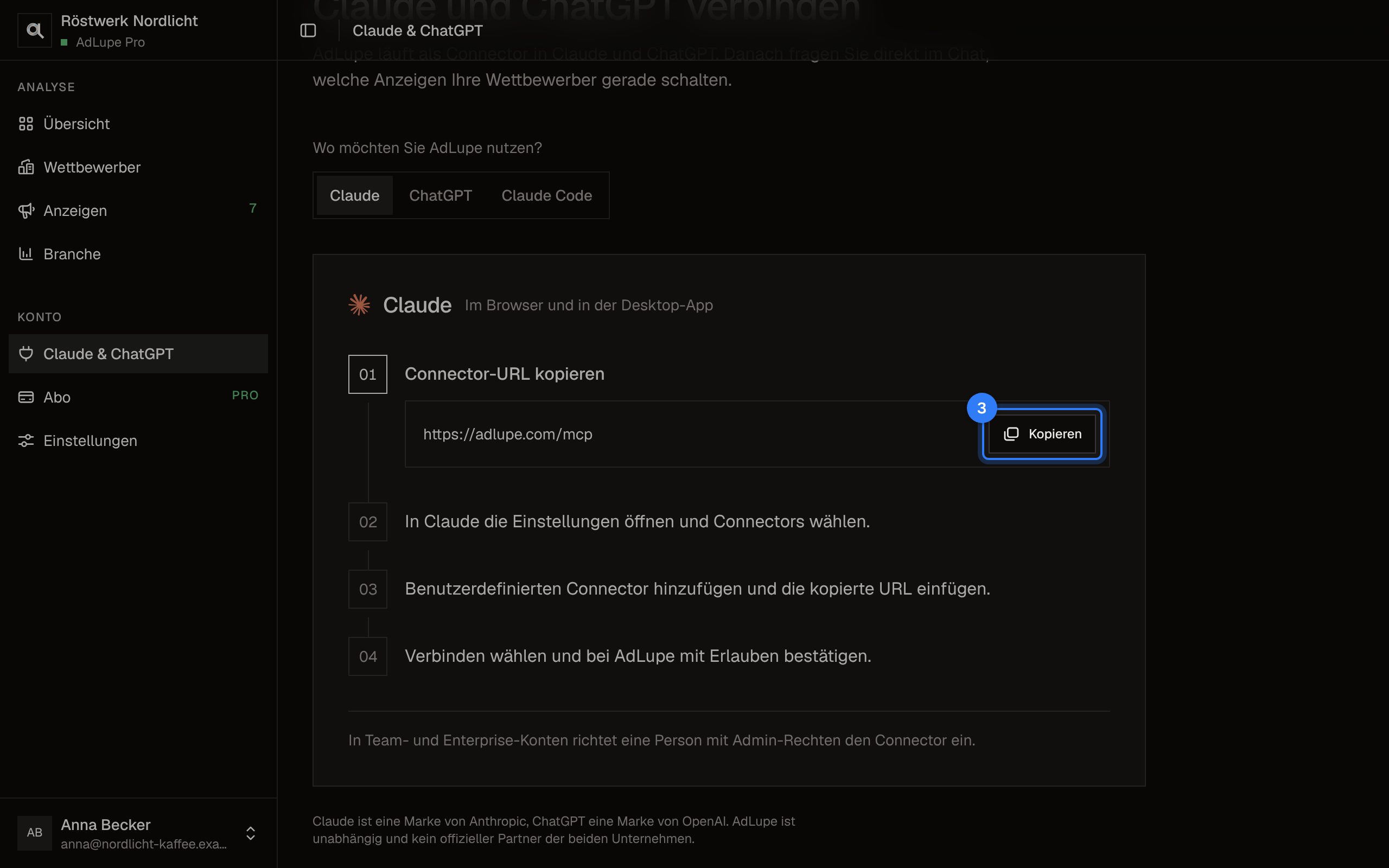 AdLupe mit Claude oder ChatGPT verbinden, Schritt 3: Bildschirm von AdLupe, der markierte Bereich ist hervorgehoben