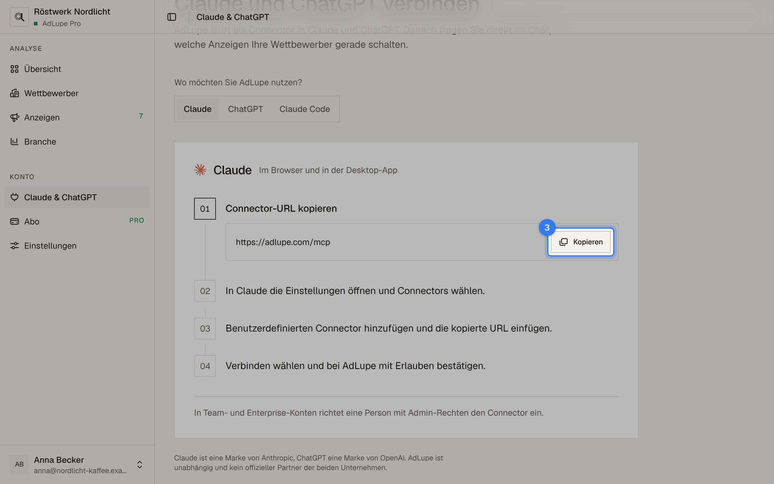 AdLupe mit Claude oder ChatGPT verbinden, Schritt 3: Bildschirm von AdLupe, der markierte Bereich ist hervorgehoben