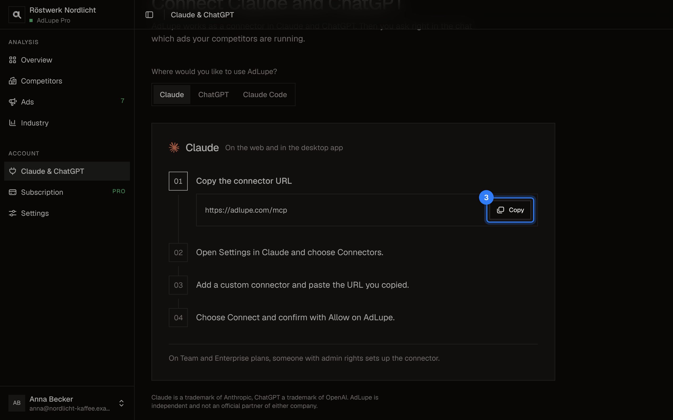 Connect AdLupe to Claude or ChatGPT, step 3: AdLupe screen with the area to click highlighted