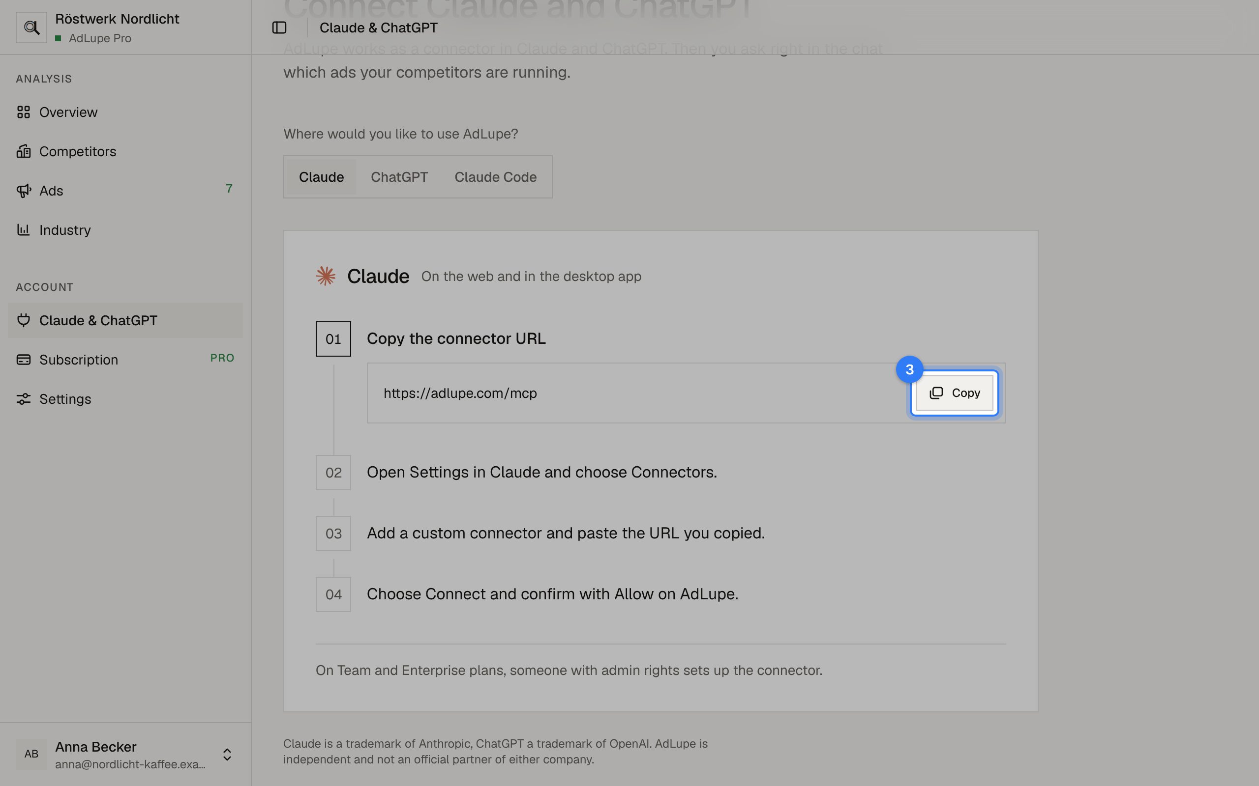 Connect AdLupe to Claude or ChatGPT, step 3: AdLupe screen with the area to click highlighted