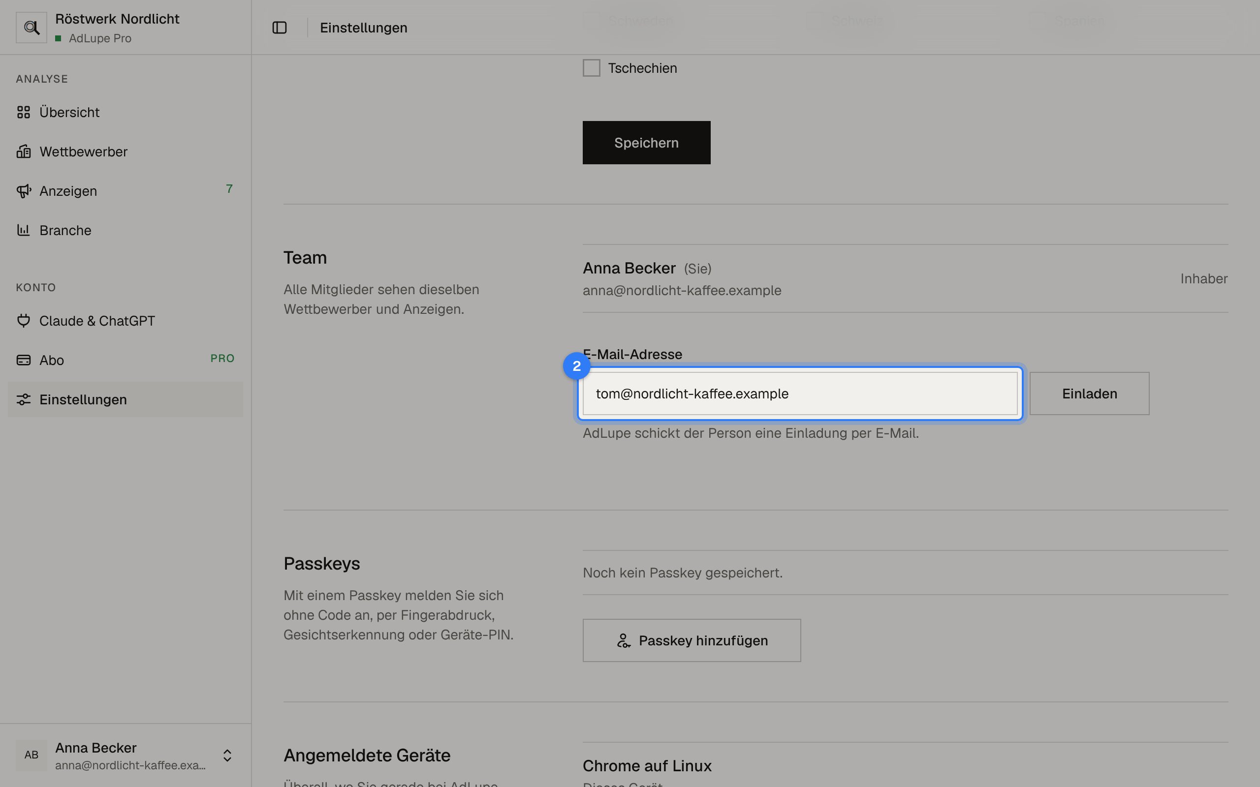 Team einladen, Schritt 2: Bildschirm von AdLupe, der markierte Bereich ist hervorgehoben