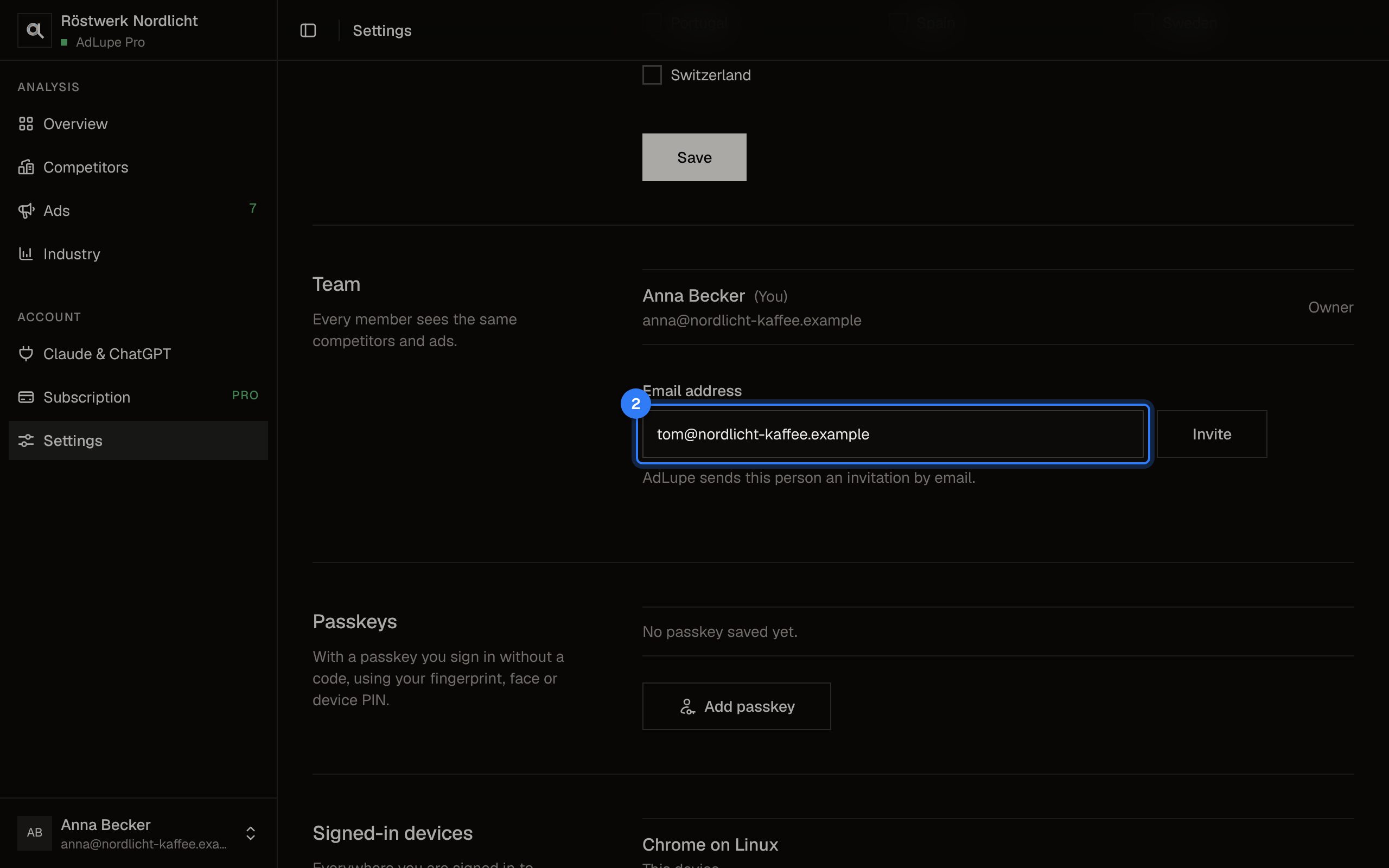 Invite your team, step 2: AdLupe screen with the area to click highlighted