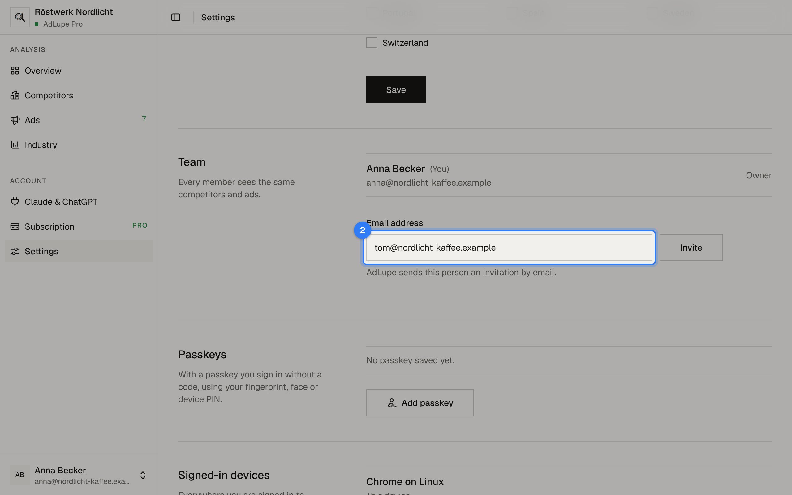 Invite your team, step 2: AdLupe screen with the area to click highlighted