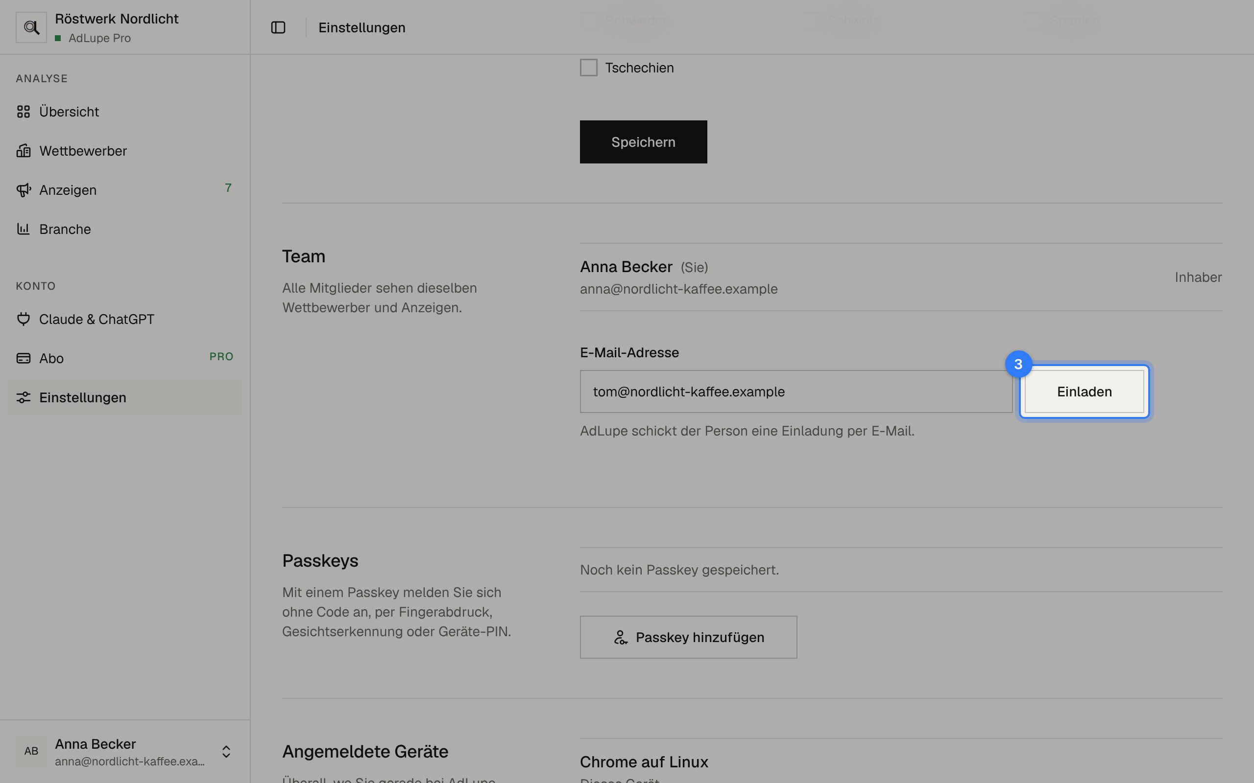 Team einladen, Schritt 3: Bildschirm von AdLupe, der markierte Bereich ist hervorgehoben