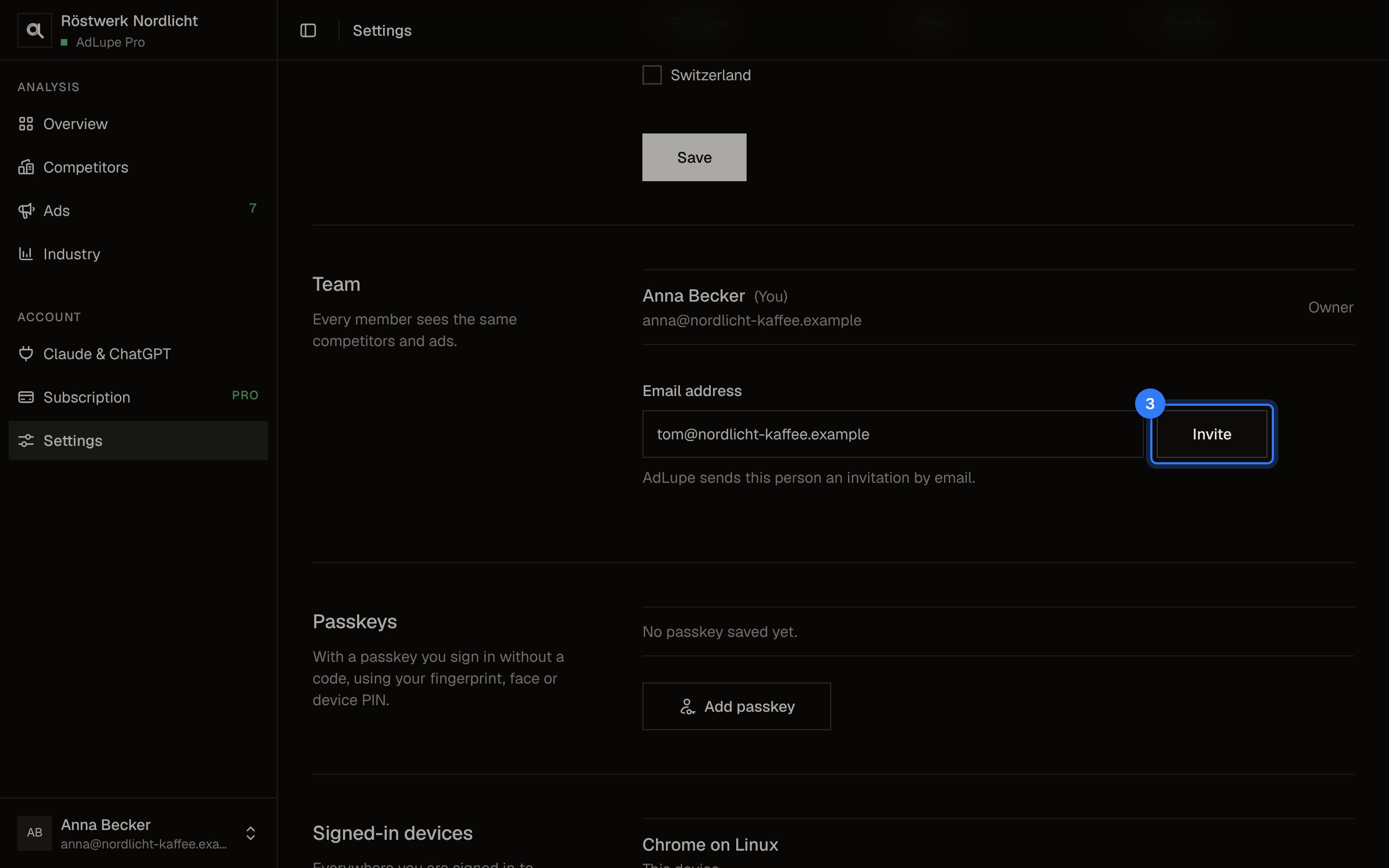 Invite your team, step 3: AdLupe screen with the area to click highlighted