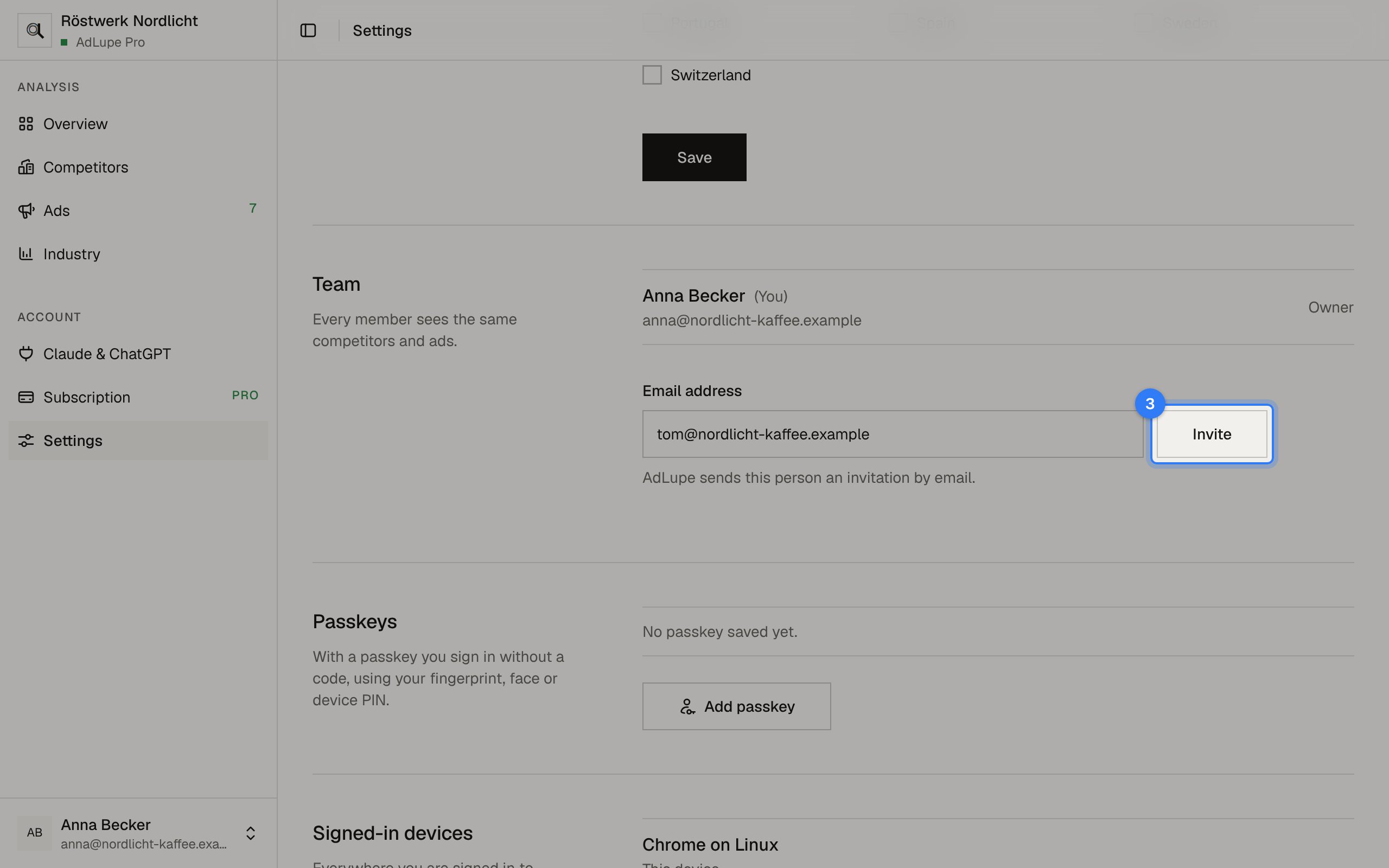 Invite your team, step 3: AdLupe screen with the area to click highlighted