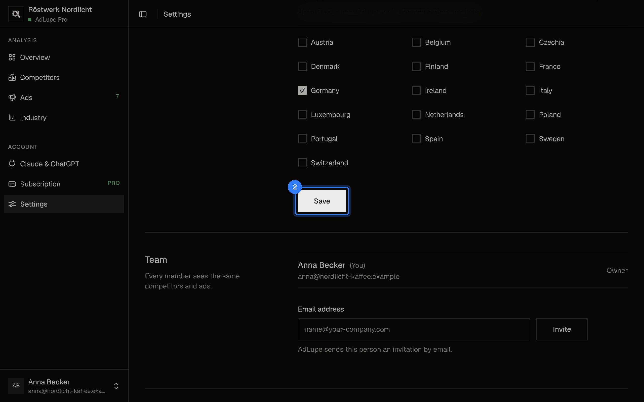 Choose countries, step 2: AdLupe screen with the area to click highlighted