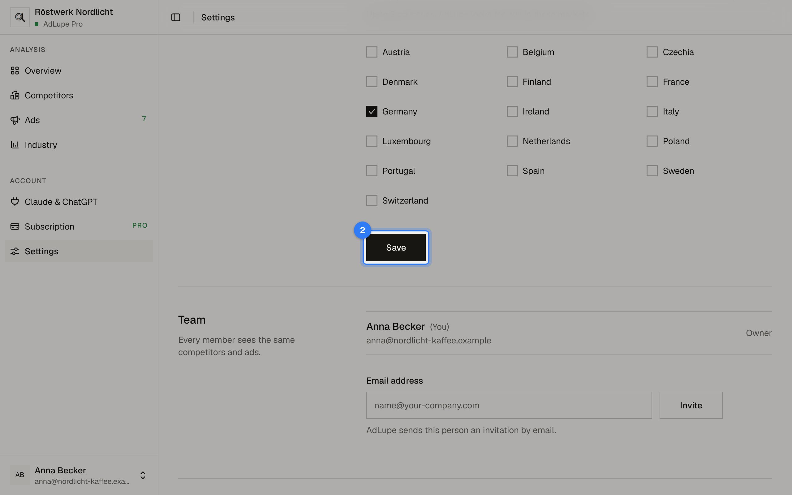 Choose countries, step 2: AdLupe screen with the area to click highlighted