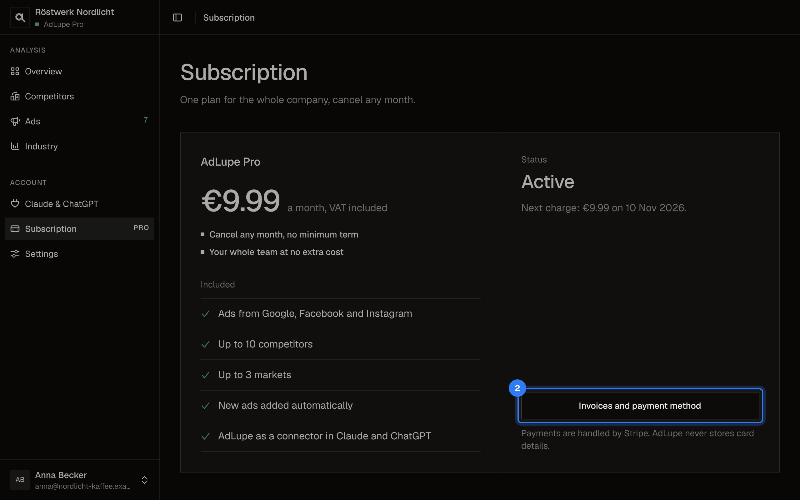 Subscription, invoices and cancelling, step 2: AdLupe screen with the area to click highlighted