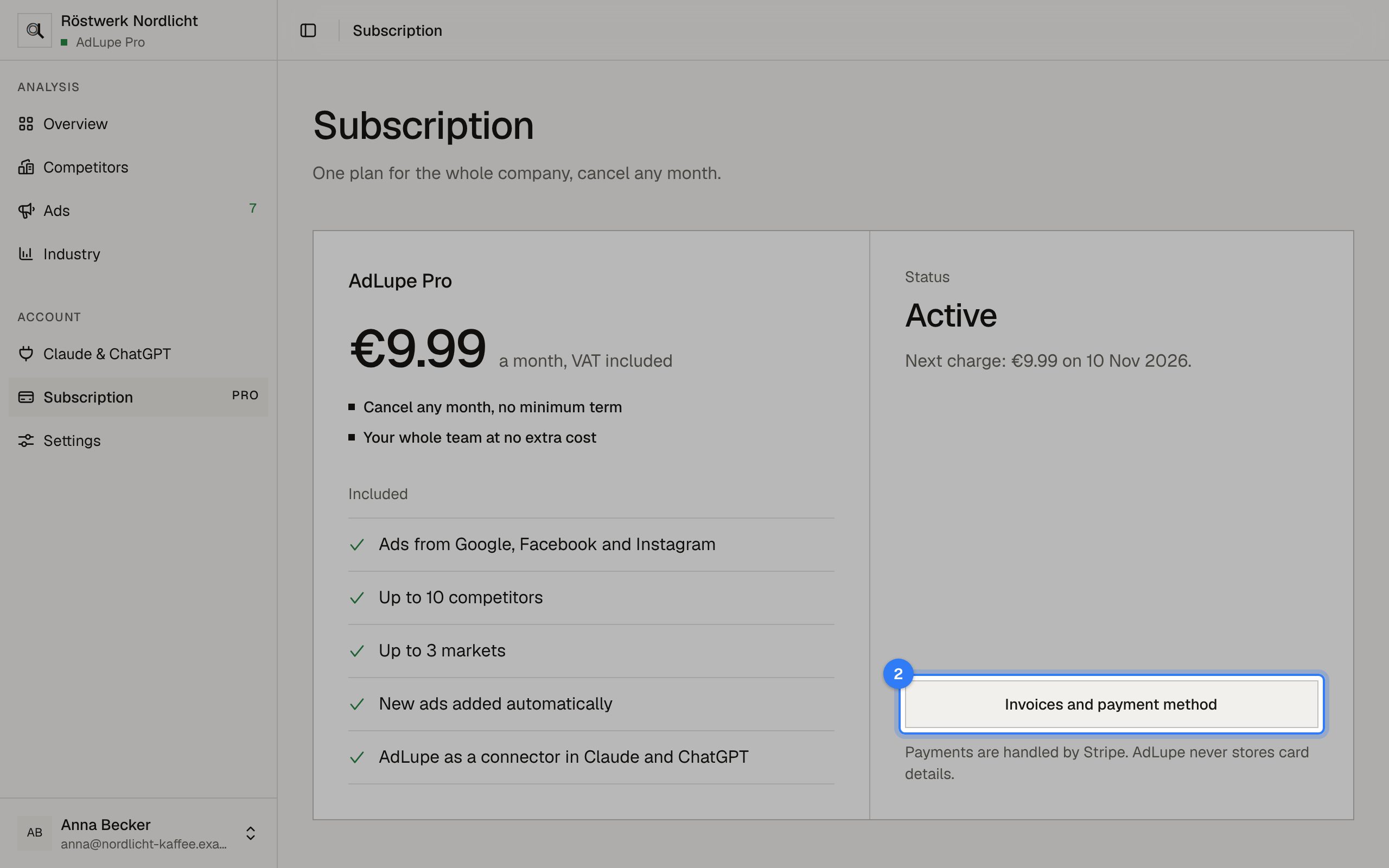 Subscription, invoices and cancelling, step 2: AdLupe screen with the area to click highlighted
